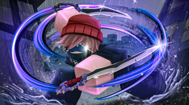 Roblox character with dual curved blades and energy aura in urban setting